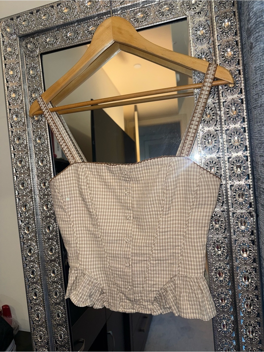 Zara Beige Plaid Ruffle Hem Button-Front Crop Camisole